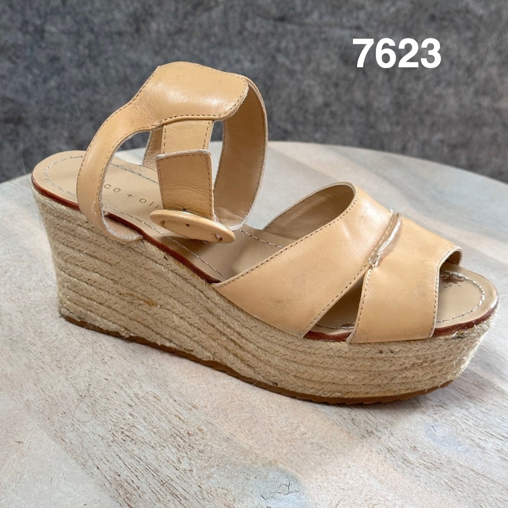 Alice + Olivia Tan Leather Espadrille Wedge Sandals Platform Buckle Sz 38